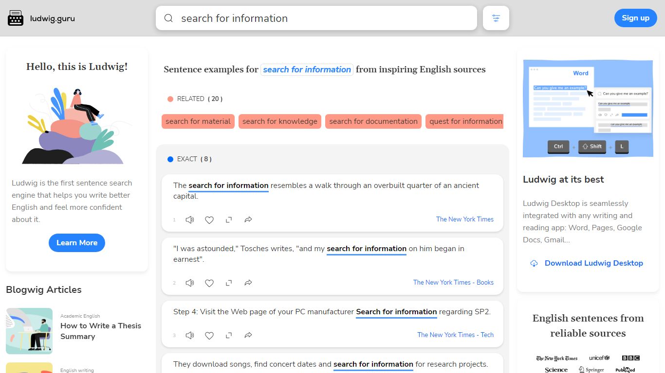 search for information | English examples in context | Ludwig